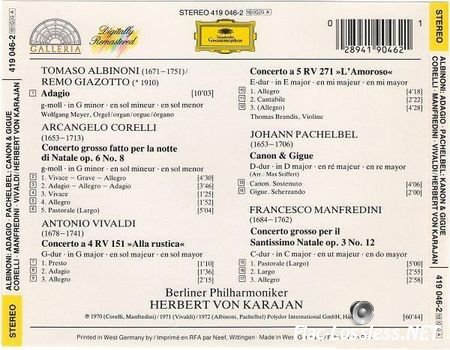 Herbert Von Karajan - Albinoni, Pachelbel, Corelli & Manfredini, Vivaldi (1987) FLAC (image + .cue)